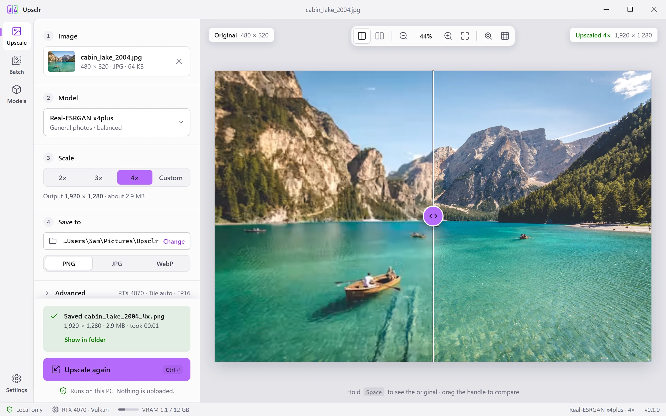Upsclr window showing the Upscale view: image, model, scale and save steps in the left panel, and a lake photo split by a compare slider, original on the left and the 4x result on the right